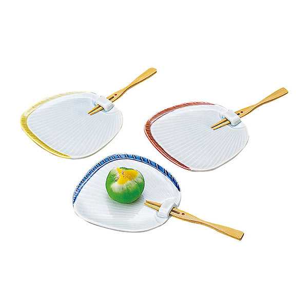 ヤマコー 陶器うちわ皿(竹フォーク付)青(27037)
