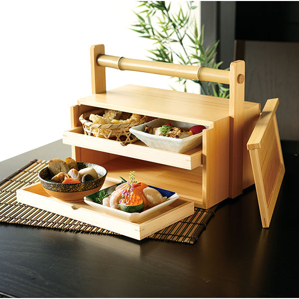 ヤマコー 桧・岡持弁当二段（透かし無し）引出浅型（27101
