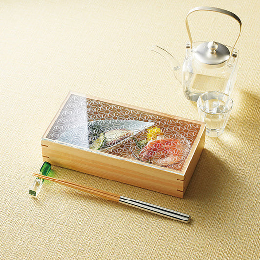 ヤマコー ひのき細密長角料理箱（ガラス蓋仕様）麻の葉（28050）