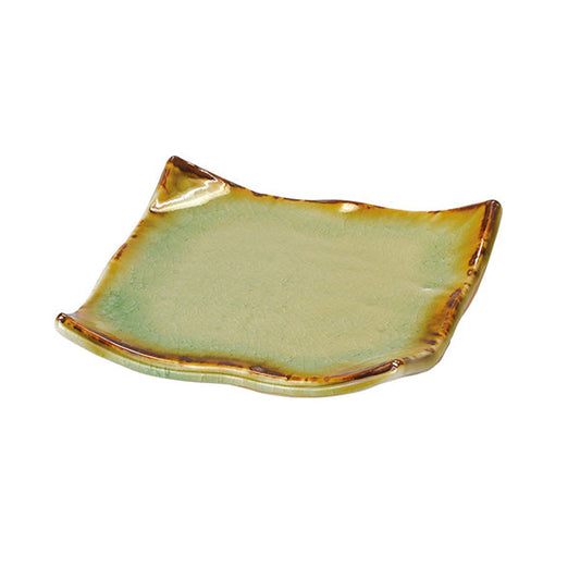 ヤマコー 陶器・四方皿 ビードロ灰釉 茶緑（27967）